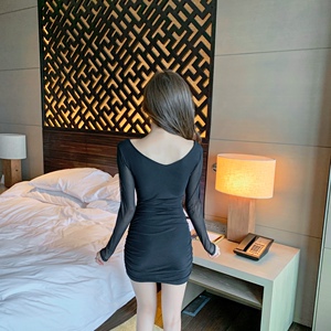 Sexy deep V bar night club trampy long sleeve Hip Wrap Dress