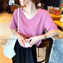 V collar purple T-shirt Women 2020 new net red cotton short sleeve top ins Super fire loose inside base shirt tide