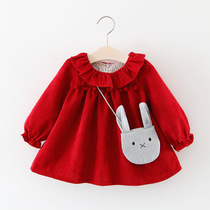 Girl Corduroy doll collar dress baby dress plus velvet skirt autumn and winter girl grab week Princess dress