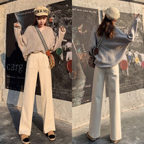 Wide leg pants woman High waist covety autumn winter plus suede thickened wool pants loose straight cylinder casual 100 hitch long pants woman
