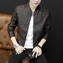 Coat mens leather jacket autumn new mens Korean handsome large size casual slim stand collar short leather jacket
