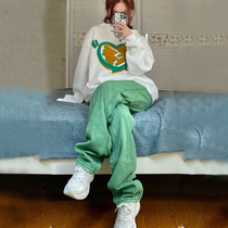 Guochao heavy industry green ek jeans womens thin 2022 new spring hiphop straight high waist loose wide leg pants