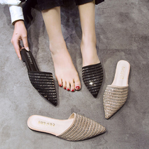Rhinestone Baotou half slippers womens 2021 spring new flat low-heeled Muller shoes personality outside wearing pointed cool drag tide