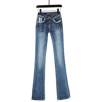 Spring and summer New Heavy Industries Embroidery retro micro-Laxie body Skinny Rear Pocket Cover Lift Hip Elastic Horn Pants Lengthened Jeans