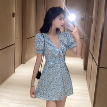 European and American large size fat mm blue floral deep V bubble sleeve dress light mature wind sexy heart machine thin skirt summer