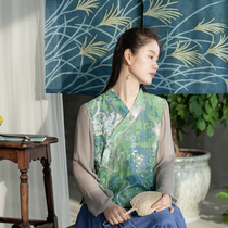 Orchid (hosta) silk jacket womens short slanting style Chinese clothes gourd buckle retro T-shirt shirt