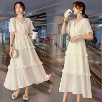 Dress women's long 2021 summer new super fairy French socialite knee skirt waist slim avocado green