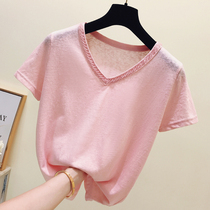 Ice silk short sleeve t-shirt women loose Korean version 2021 new summer ins tide nail beads short solid color v collar coat women