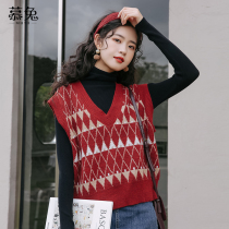 Christmas red knitted vest women 2021 Autumn New Korean version of loose V-neck sweater vest vest pony coat wear