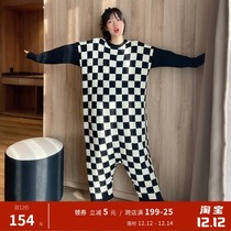 Checkerboard conjoined soft pajamas women autumn and winter coral velvet thickened plus velvet long pregnant women home suit