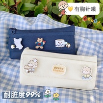 New simple canvas pen bag ins Japanese high-value cute badge Large capacity student color Yimu Lin Chu