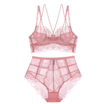 Fan-style ultra-thin sexy lace lingerie suit perspective No sponge No bump big chest for small gathering of high waist bra