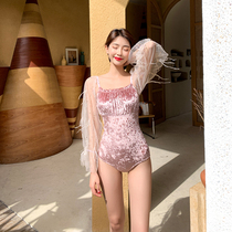 Swimsuit womens summer 2021 new hot spring photo good-looking super fairy retro velvet sexy long-sleeved small-breasted one-piece swimsuit