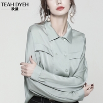 French lazy doll collar silk mulberry silk top loose shirt women blue double breasted shirt women's autumn