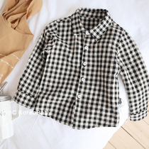 Korean baby childrens cotton black and white plaid shirt 2021 autumn new mens and womens childrens baby shirt top