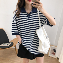 Full cotton striped short sleeve T-shirt woman 2021 loose large code display slim POLO collar long and half sleeve pure cotton blouse tide