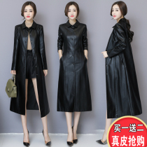 2021 Spring and Autumn New Haining Leather Womens Long Knee Korean Temperament Slim Leather Windbreaker Jacket Tide