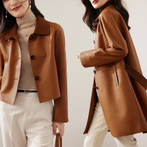 Island Nation Fine Work Trendy High Leather Texture Rework Pressure Line of the Long Short Leather Coat Jacket Jacket Woman Spring New