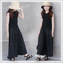 Summer girls' wide-leg pants Black Korean version of children's loose nine-point pants Baby's casual skirt pants