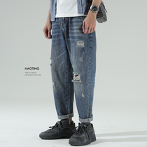2021 autumn broken hole jeans mens loose straight tube ankle-length pants slim casual Joker pants