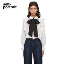 self-portrait sheer white contrasting lace lace blouse with large bow lace