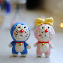April hand made wool crochet hand diy robot cat Doraemon small jingle Doll Doll material bag
