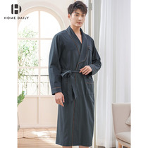 Mens nightgown spring and autumn cotton long sleeves long Korean version fashion thin cotton yukata bathrobe mens autumn and winter style