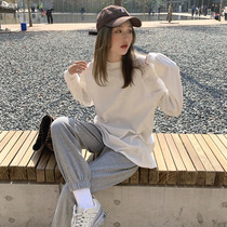 Clothing artifact white T - shirt loosely medium - sleeved long - sleeved pure color with black cotton 22 spring and autumn woman