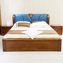 Iwood ten culvert urkin wood solid wood bed with double bed 1 8 m m bedroom head layer cow leather soft backrest Chinese bedroom home