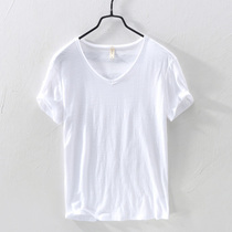 Japanese slub cotton T-shirt Mens short-sleeved casual thin burr base shirt V-neck slim half-sleeve cotton mens T-shirt