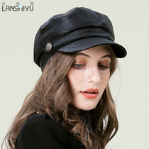 Lan Shi rain beret female autumn and winter PU leather flat top retro military cap casual wild cap British tide hat female