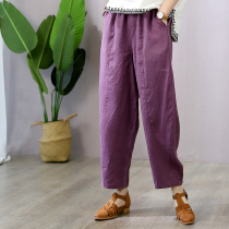 Han Soyi Retro Art Summer New Cotton Linen Casual Pants Loose large size Slim Pure Color High Waist 90% Pants Woman