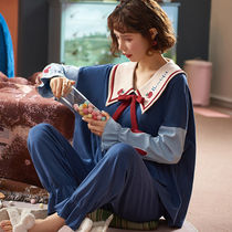 Pajamas fashion foreign style net red pajamas womens spring and autumn cotton long-sleeved thin two-piece suit Net red explosion large size