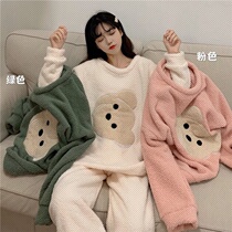 Set home clothes schoolgirls winter 2020 plus velvet padded cute round neck top pajama pants two-piece pajamas
