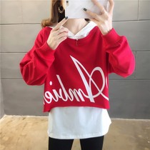 Sweater womens spring and autumn 2021 new junior high school high school students Korean version loose long-sleeved T-shirt top clothing two-piece set