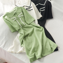 2021 Spring and Autumn New bow color color doll collar short sleeve medium length dress lady dress 627