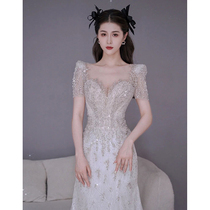 Fishtail light wedding dress 2022 new bride high-quality winter French retro small person going out main yarn dress female