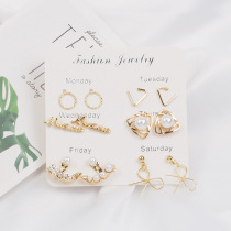 Japan and South Korea Net red a Week 6 sets of earrings Joker letter Pearl bow creative cold wind temperament earrings female