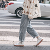 (Spot) loyal dog Small eight pear-shaped homemade retro loose straight tube casual thin autumn h white-rimmed jeans women