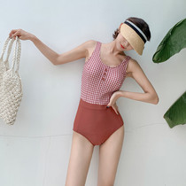 ins wind retro plaid one-piece sexy conservative bikini size chest gathered to cover the belly to show thin spa swimsuit women