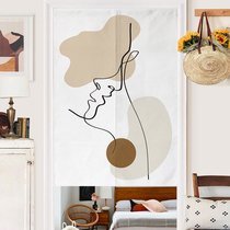 Morandi color Nordic simple door curtain Household living room fitting room thickened fabric free perforated cotton and hemp spinning curtain