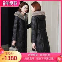 Sheeps leather down jacket woman mid-length 2021 autumn winter new ferret hat Hainen genuine leather clothing thickened jacket