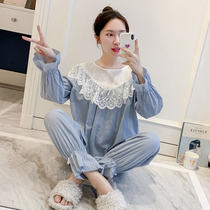 Pajamas female spring and autumn cute lake blue cotton long sleeve princess style thin two-piece lace winter home suit suit