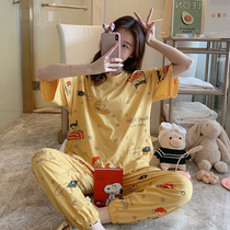Pajamas womens summer pure cotton short-sleeved trousers Student cute Korean version Snoopy home suit set spring and autumn thin cotton