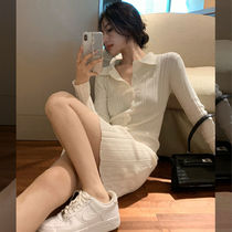 Spring 2021 new women slim slim first love small fragrance temperament white polo collar knitted dress