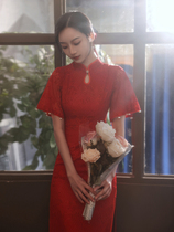 Improved cheongsam toast dress bride 2021 new small man covered arm engagement back door dress summer short section