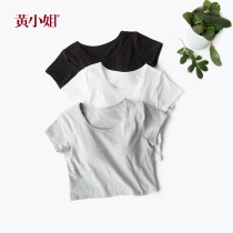 Miss Huang Short-sleeved umbilical t-shirt Tight short t-shirt womens slim cotton top with chest pad t-shirt women wear outside