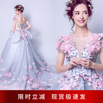 Goddess Fan Blue Flowers Bride to Marry Toast to Walk Show Walk Show Trailing Wedding Gown 6692