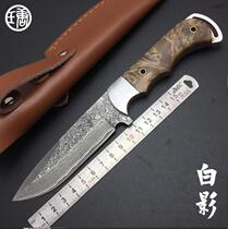 New damascus steel knife White shadow wood handle straight knife integrated keel outdoor self-defense gift fruit knife
