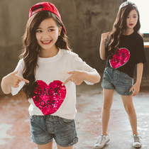 2022 Korean version of the new girl's pure cotton love sequins embroidered in the T-shirt for children with loose parent-child tops